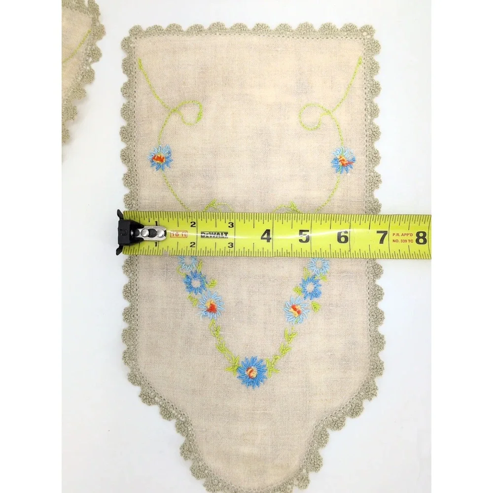 Vtg Linen Embroidered Napkins Set 4 Floral Scalloped Lace Cream Blue Green 7X12